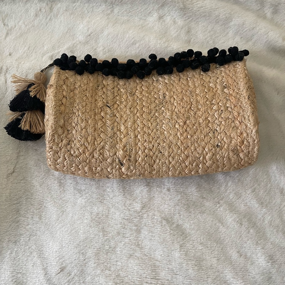 Woven Straw Clutch with Black Tassels